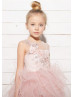 Blush Pink Lace Tulle Keyhole Corset Back Flower Girl Dress